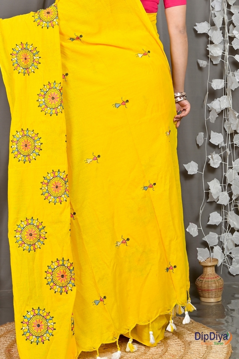 Yellow Pure Cotton Parama Embroidery Handloom saree (283)